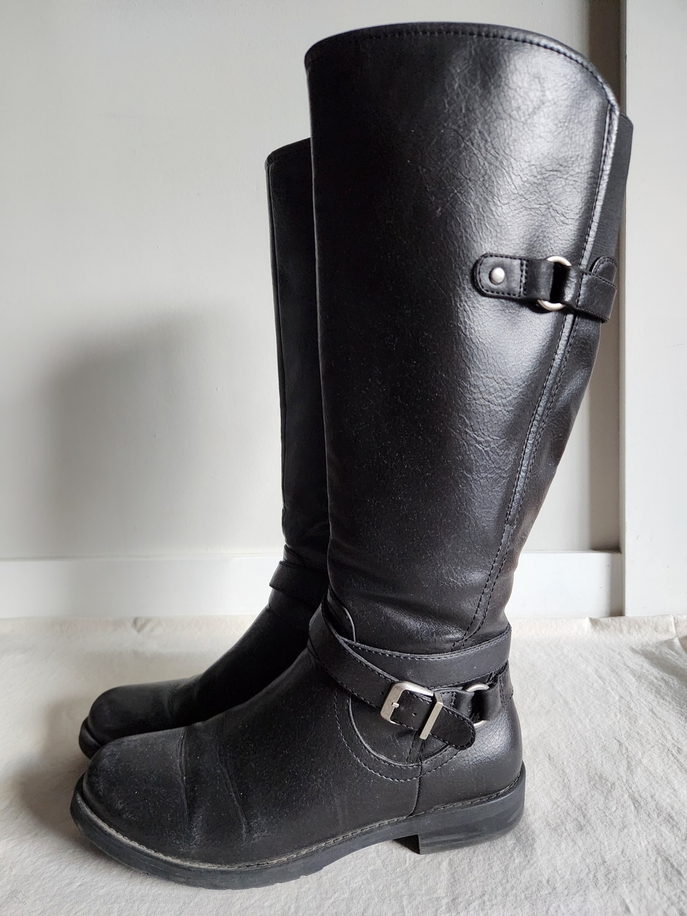 Black Knee-High Buckle Riding Boots/Moto Boots - Picture 3 of 11